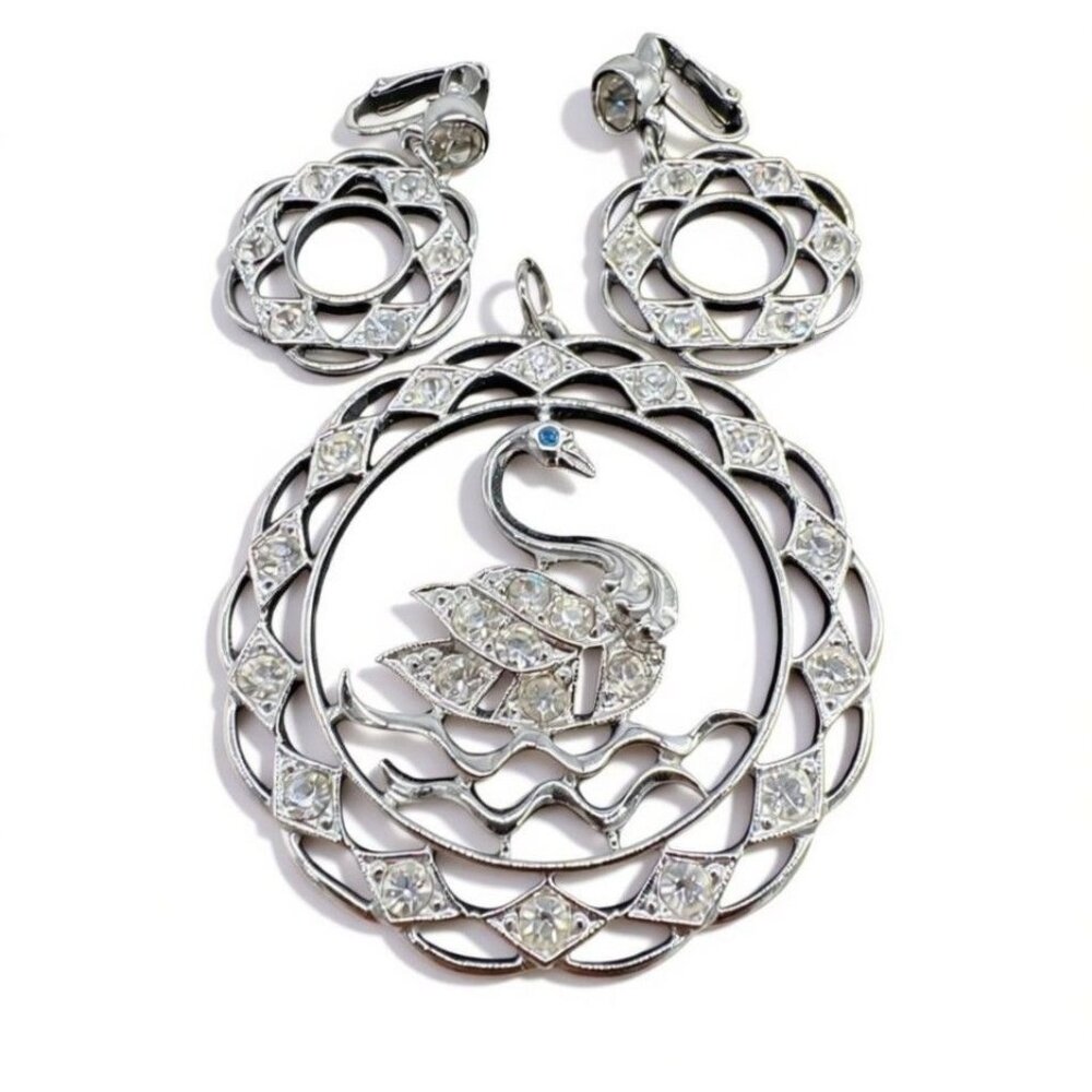 Vintage Silver Tone Swan Pendant & Clip-On Earrings Set With Clear Rhinestones O